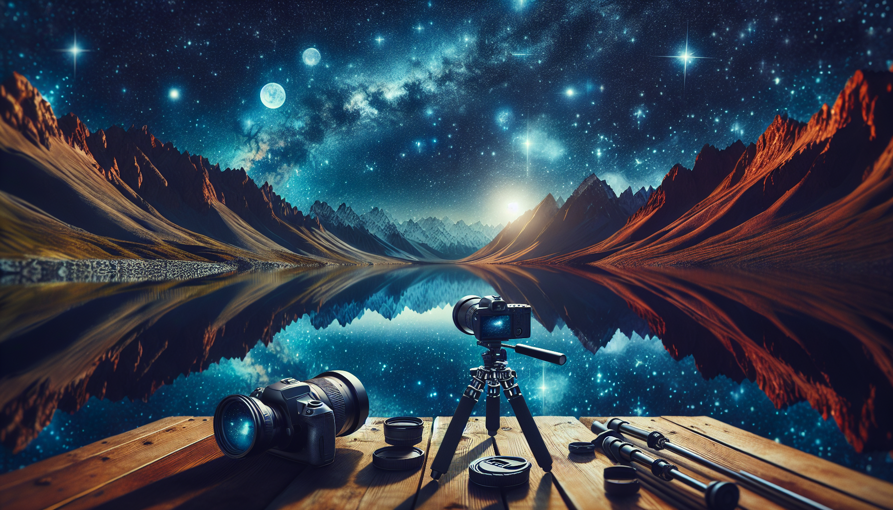 Astrophotography in Pakistan 2025: Best Locations, Tips & Gear Astrophotography in Pakistan 2025 comes alive with a breathtaking star-studded sky reflecting off serene waters, surrounded by majestic mountains, featuring essential gear like a tripod-mounted camera and telescope.