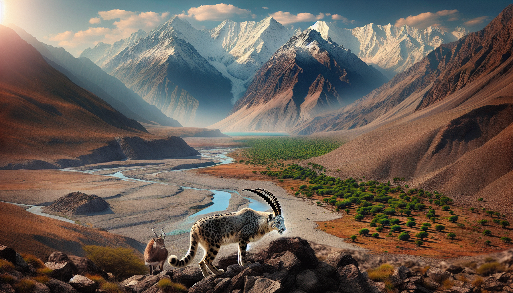 Discover natural wonders in Pakistan with a breathtaking scene featuring a rare snow leopard in the lush northern mountains and a Sindhi ibex gracefully navigating the arid southern desert, illustrating the best wildlife photography locations in the country.