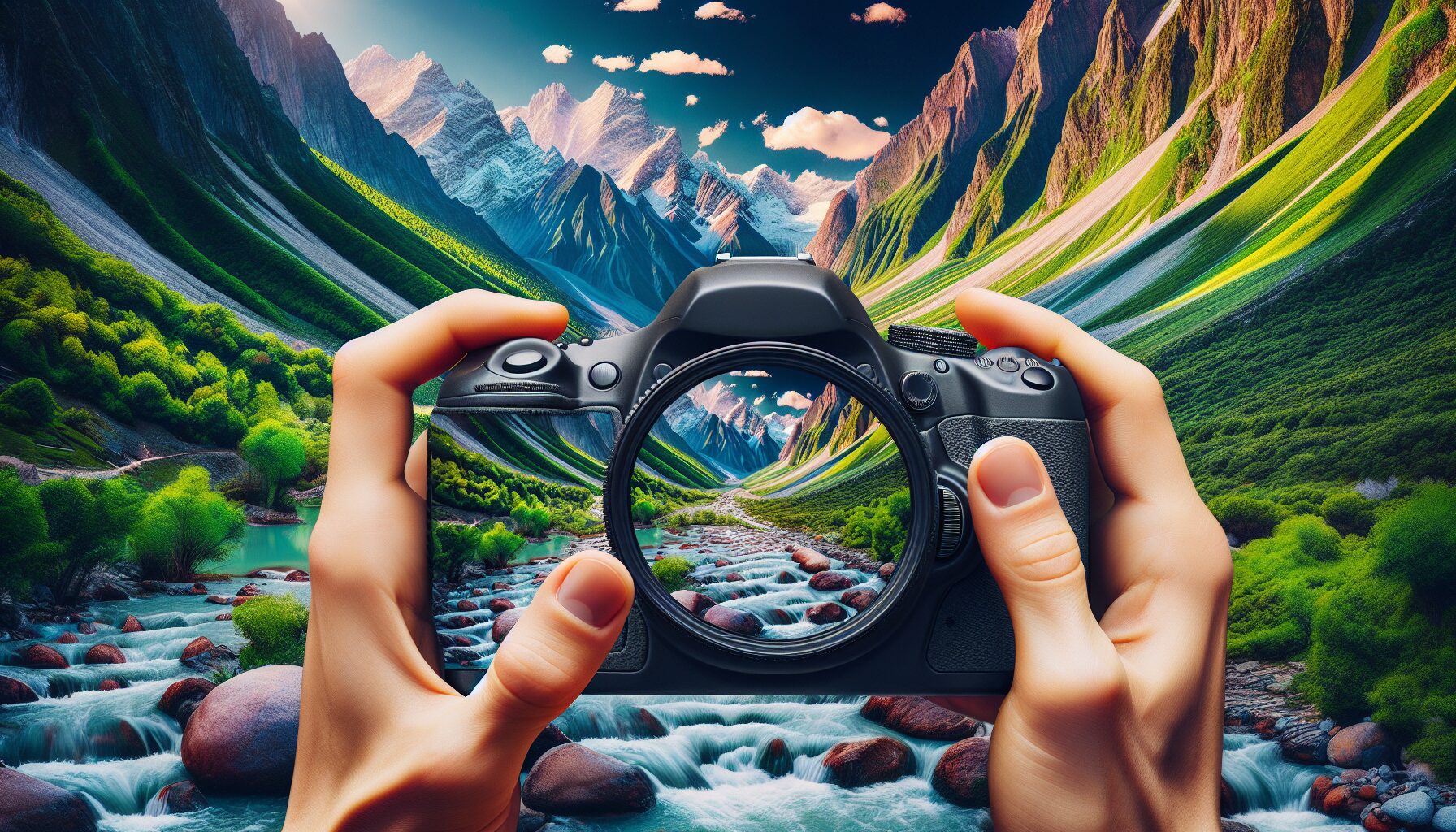 Capture the essence of Pakistani landscapes through a stunning portrayal of rugged mountains, lush valleys, and flowing rivers, with a DSLR camera on a tripod emphasizing epic travel photography techniques.