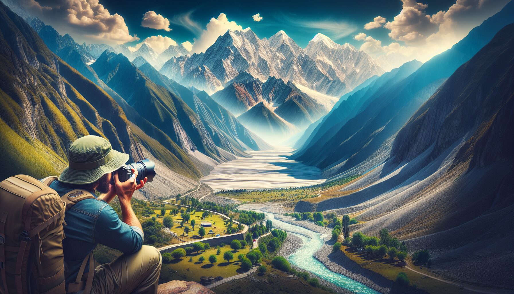 A hiker with a camera captures the essence of Pakistani landscapes, surrounded by snow-capped mountain ranges, lush green valleys, and a crystal-clear river, highlighting epic travel photography techniques with natural light and shadows.