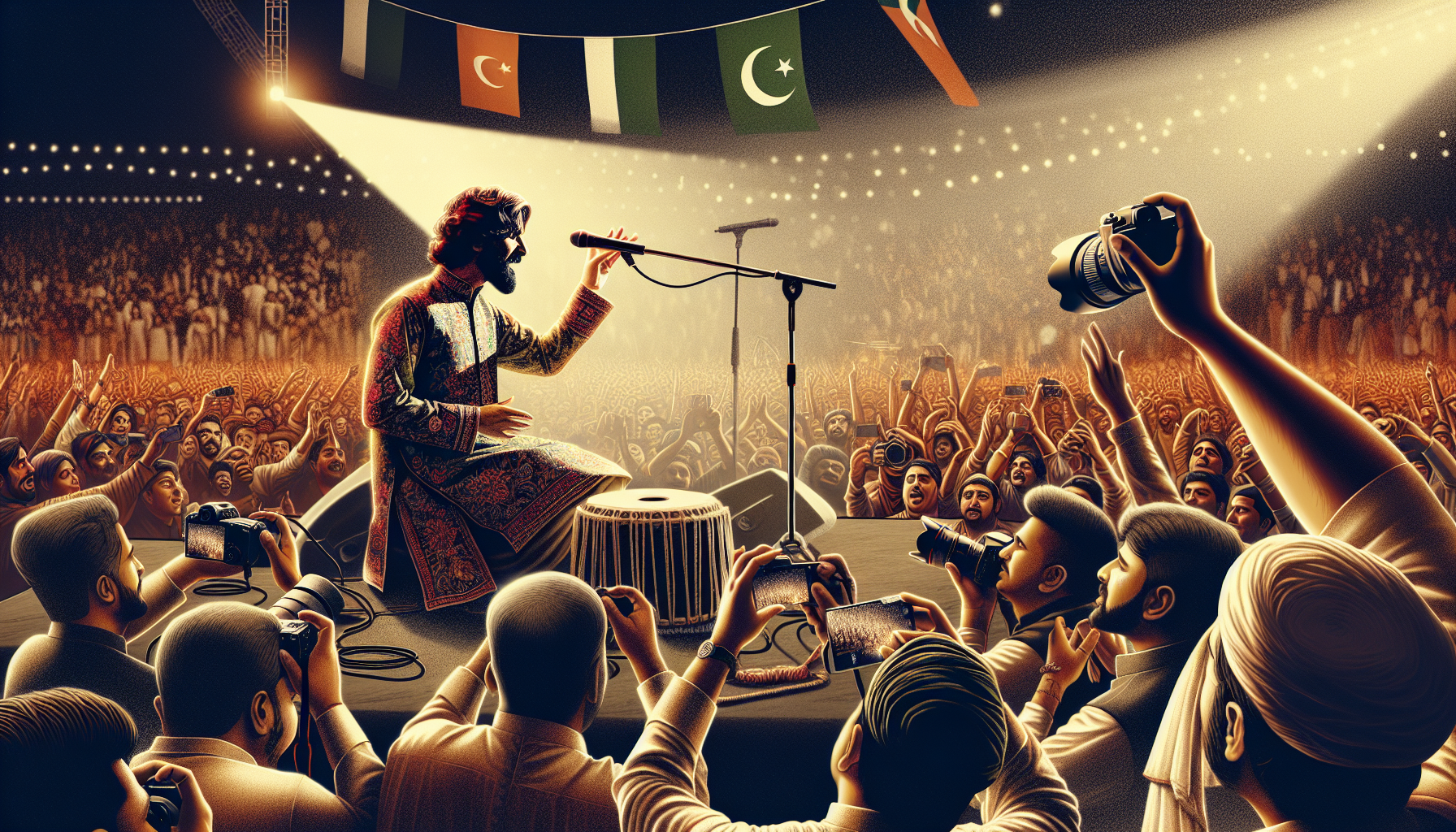 A vibrant scene of concert photography in Pakistan captures the lighting and atmosphere with a spotlight highlighting a South Asian performer in traditional attire, surrounded by a diverse crowd, cameras flashing, and flags fluttering in rhythm.