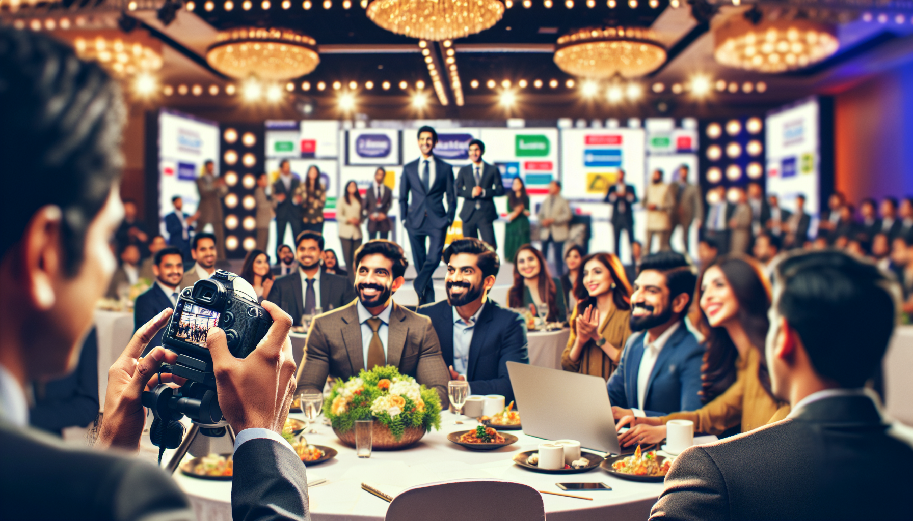 Corporate Event Photography in Pakistan: Elevate Branding & Engagement Corporate event photography in Pakistan shines through with professionalism and style, capturing engaged attendees in a stylishly decorated hall filled with bright lights and branding elements.