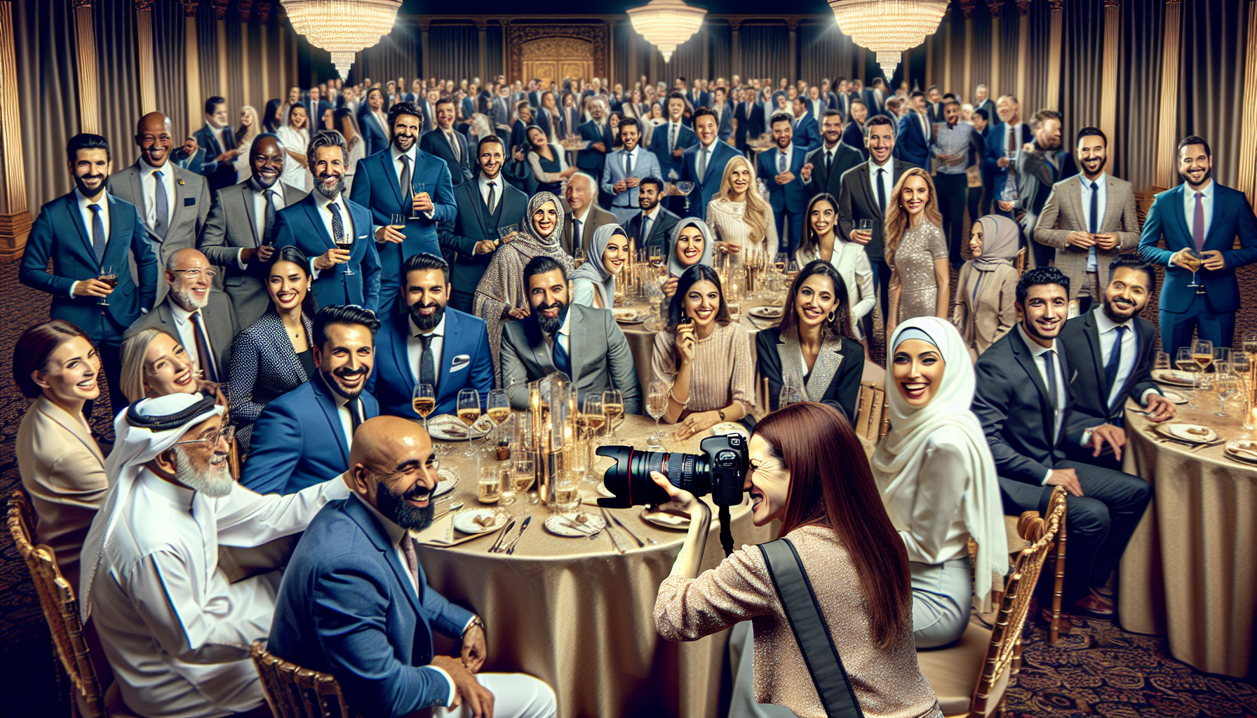 Corporate Event Photography in Pakistan: Elevate Branding & Engagement Corporate event photography in Pakistan showcases professionalism and style as a Hispanic female photographer captures the vibrant interactions and unity among a diverse group of corporate employees in an elegantly decorated banquet hall.