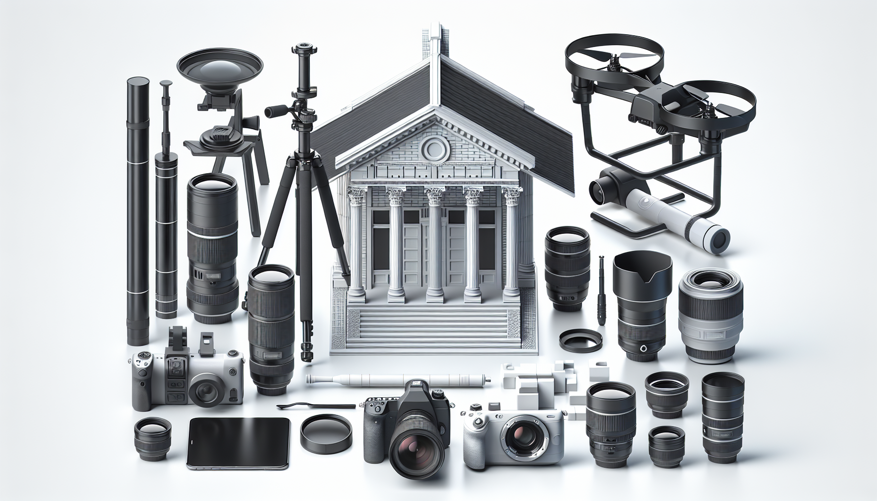 Architectural photography gear essentials, including a sturdy tripod, wide-angle lens, drone, graduated neutral density filters, and a high-quality DSLR camera, are displayed to highlight the best cameras and lenses for stunning shots.