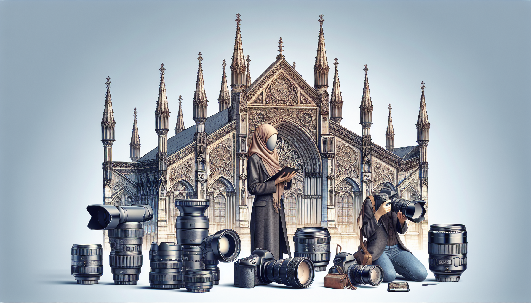 A Middle-Eastern female photographer is equipped with essential architectural photography gear, including high-end cameras and lenses, capturing the intricate details of a stunning Gothic or Renaissance-style European structure in the background.