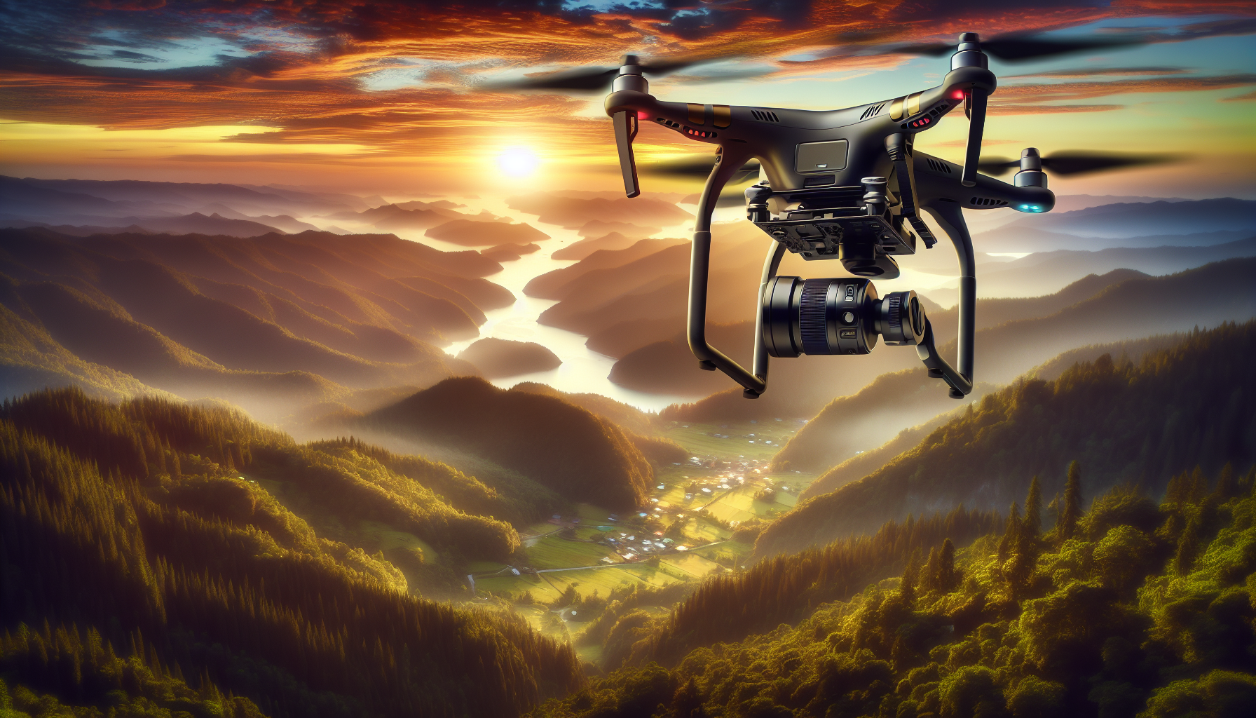 Drone flying over breathtaking natural scenery, equipped with high-tech photographic lenses and essential accessories, highlighted by the radiant hues of a sunrise, perfectly exemplifies essential drone photography gear for every photographer.