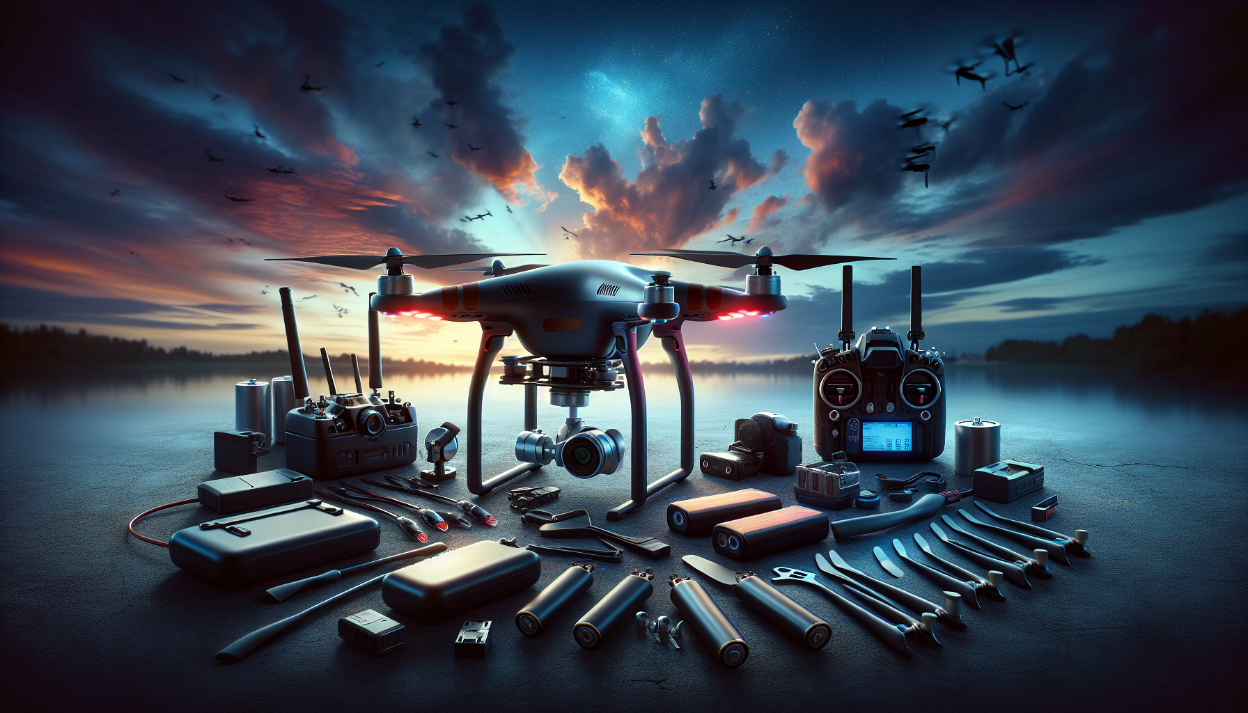 Essential drone photography gear displayed in a picturesque twilight scene with a drone in flight, surrounded by accessories like batteries, signal booster, propellers, and a high-end DSLR camera, highlighting top drones and accessories for every photographer.