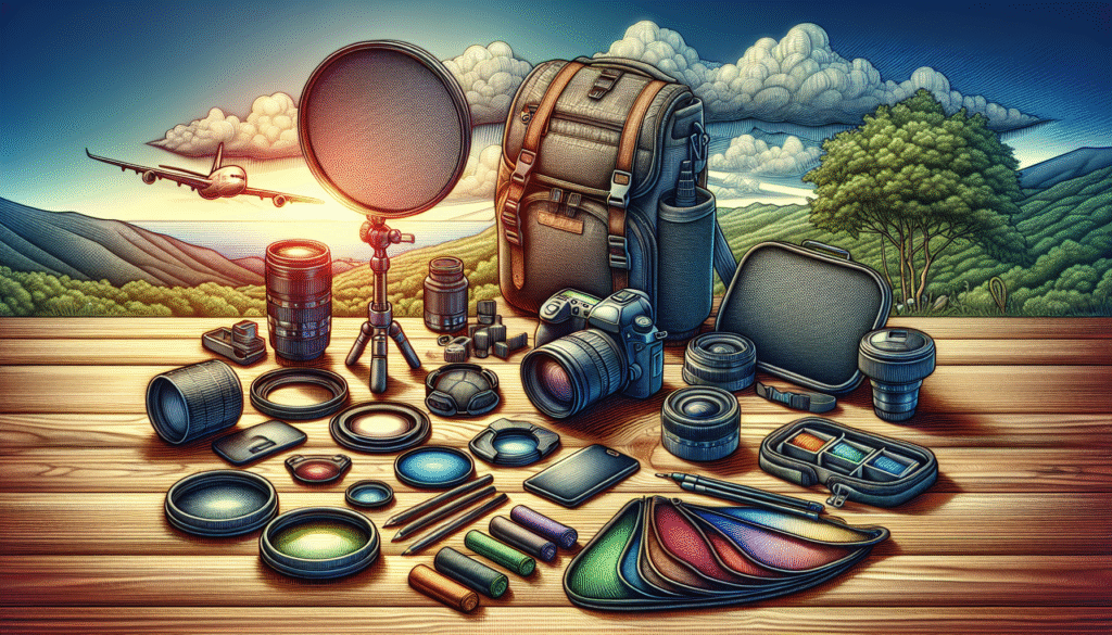 Essential travel photography gear for every adventurer is displayed on a wooden table, featuring a compact camera with a high-quality lens, various filters in dedicated pouches, portable light reflectors, a lightweight tripod, and an ergonomic camera bag, all set against a scenic landscape backdrop, embodying the spirit of adventure and the art of photography.