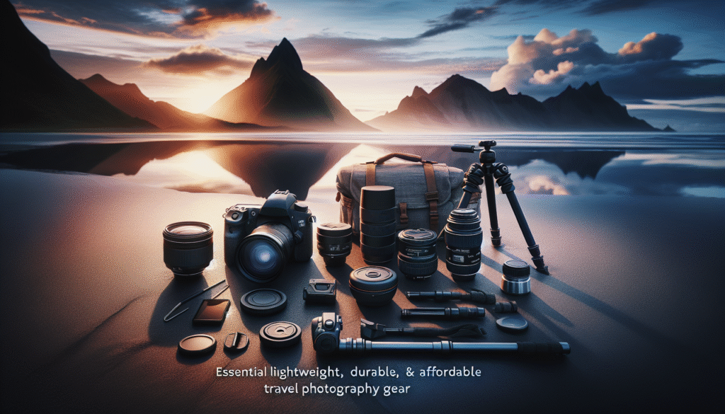 A breathtaking mountain range at dawn forms the backdrop for essential travel photography gear, including a digital camera, tripod, and lenses, emphasizing the importance of lightweight, durable, and affordable equipment for every adventurer.