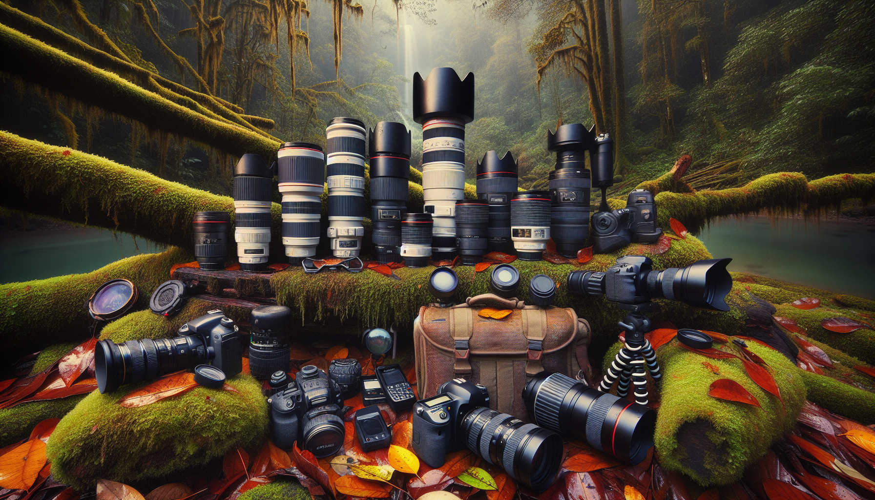 Essential wildlife photography gear is artfully displayed, featuring cameras with varying lenses, a tripod-mounted camera, a telephoto lens on a mossy log, and a Djinni camera bag on an autumn leaf-strewn forest floor.