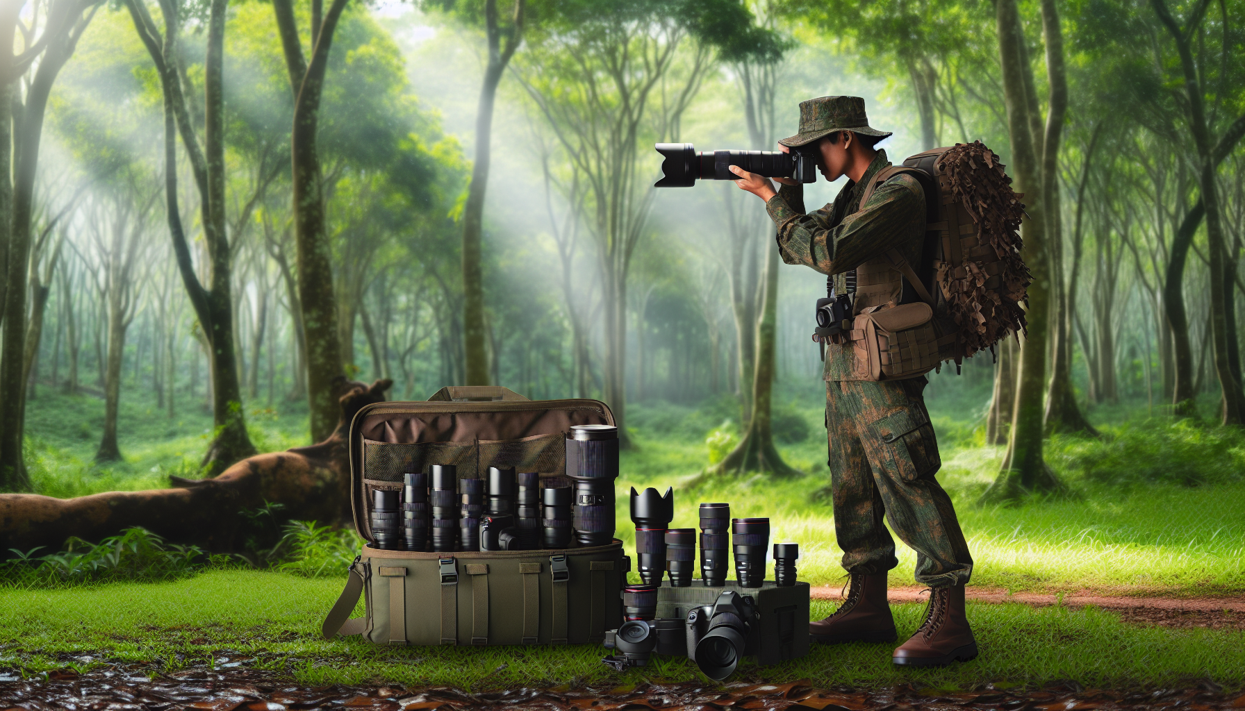 A South Asian photographer in a camouflage outfit expertly handles a professional camera with a long lens in a lush green forest, surrounded by essential wildlife photography gear including a variety of lenses and a sturdy tripod.