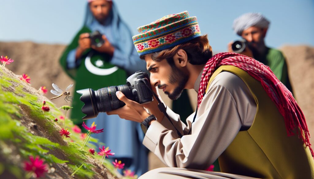 A South-Asian photographer in culturally appropriate attire carefully captures a macro shot of an insect on a flower in Pakistan, embodying the principles of Ethical Macro Photography by respecting nature and capturing with care.