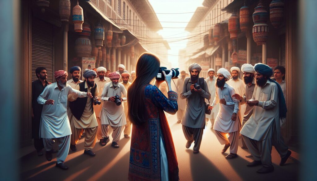 A South Asian photographer thoughtfully selects her shots amidst a bustling crowd in traditional Pakistani attire, embodying ethical street photography in Pakistan by capturing everyday beauty with respect and consideration.