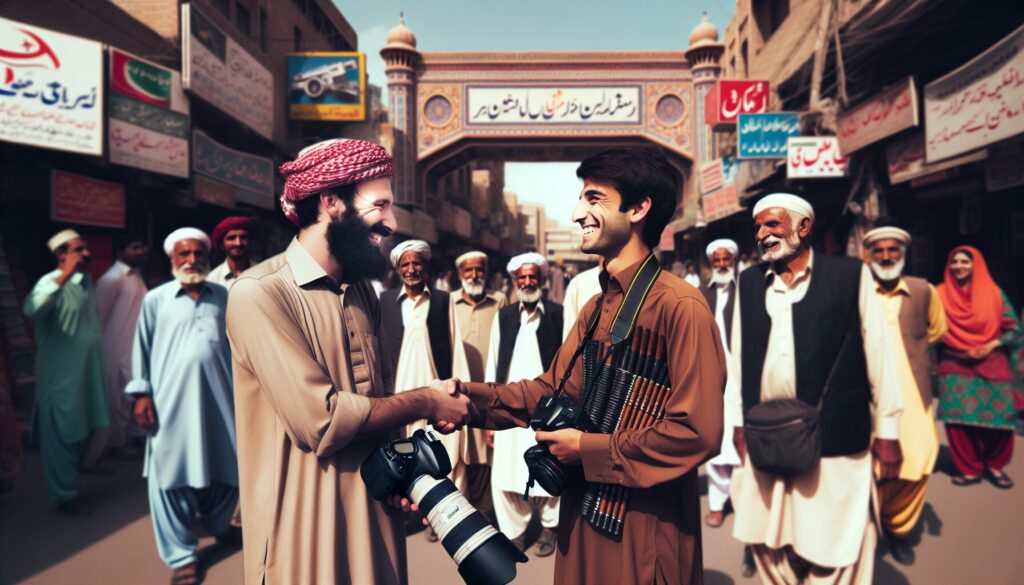 A South Asian photographer in Pakistan engages warmly with local individuals, embodying ethical street photography practices by maintaining respectful distance and demonstrating cultural etiquette amidst vibrant street life and rich architectural backdrops.