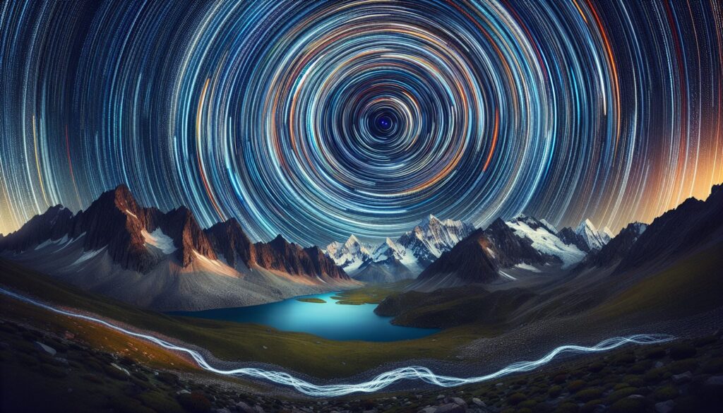 Under a breathtaking starlit sky, diverse Pakistani landscapes, including majestic mountain ranges and a tranquil lake, are illuminated by vibrant, spiraling star trails, with subtle hints of photographic gear capturing the essence of how to capture stunning star trails.