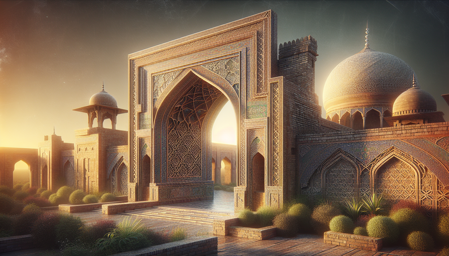 Capture the essence of Pakistani architecture with a stunning shot featuring elaborate geometrical patterns on a brick wall, a Mughal-inspired arch, and an ancient mosque dome illuminated by golden sunlight, all enhanced by lush green landscaping and a play of light and shadow.