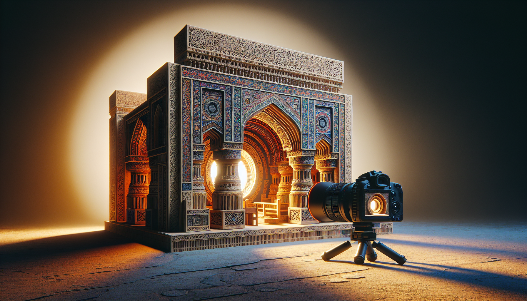 Showcasing the essence of Pakistani architecture, this stunning shot features intricate designs and patterns, with a camera subtly positioned to illustrate capturing techniques, all enhanced by strategic lighting for added depth and aesthetic appeal.
