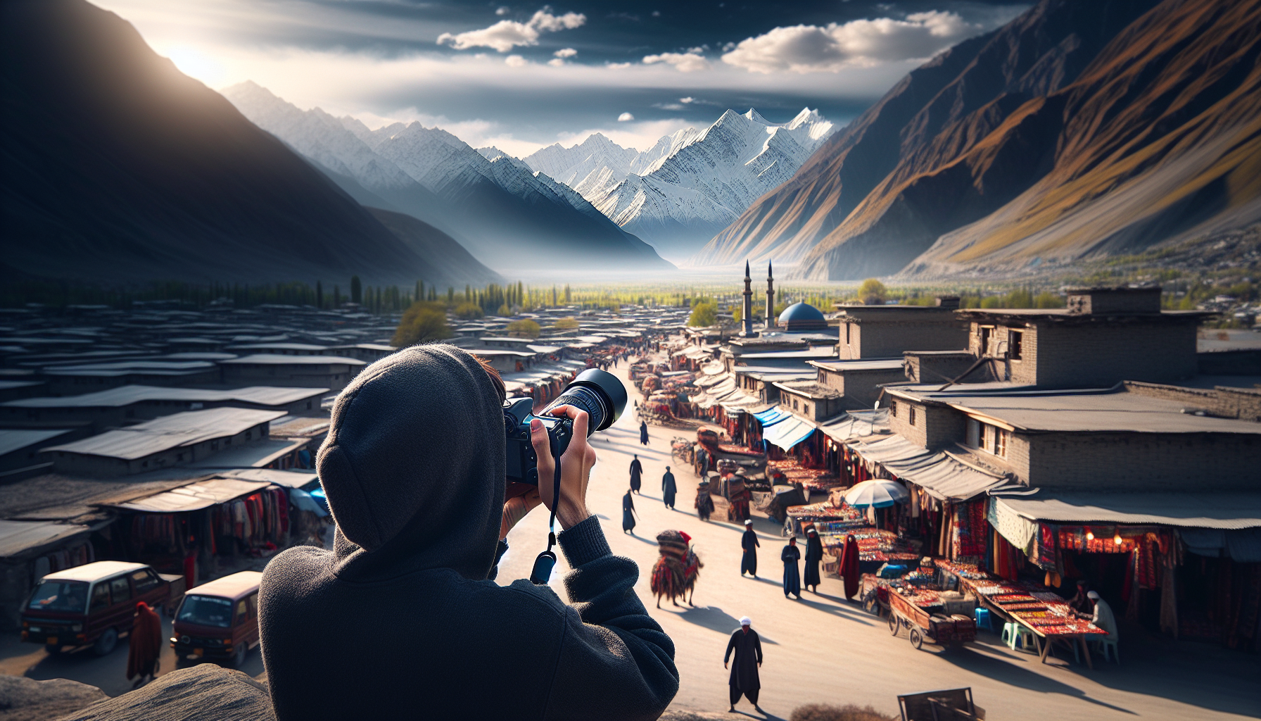 A non-binary South Asian photographer captures the vibrant culture and scenic beauty of Pakistan in a bustling traditional market framed by the snow-capped Himalayan foothills, showcasing advanced travel photography techniques.