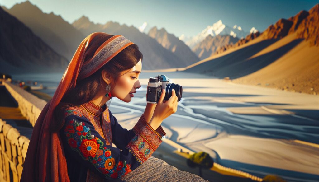 How to Tell Compelling Stories Through Travel Photography in Pakistan: Capture Culture & Beauty An Asian woman in traditional Pakistani attire, capturing the essence of compelling stories through travel photography, attentively observes a culturally rich landscape with her vintage camera.