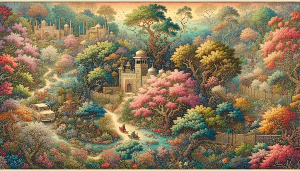Islamabad's hidden corners come alive in this illustration, revealing serene spaces like secluded parks with lush greenery and vibrant flowers, set against a backdrop of minor cultural and historical structures.