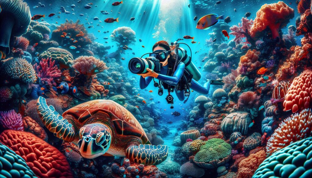 Immerse yourself in the vibrant underwater world of Pakistan, where a female South Asian photographer in diving gear captures the enchanting marine life and majestic coral reefs, mastering the art of underwater photography.
