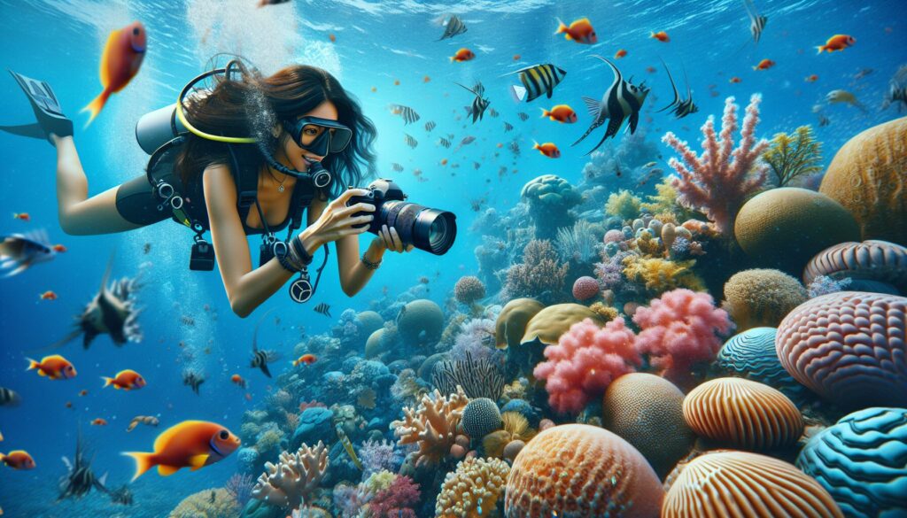 A South Asian female diver skillfully handles a professional underwater camera amidst brilliant corals and unique marine life in the pristine, azure blue waters of Pakistan, embodying the essence of mastering the art of underwater photography.