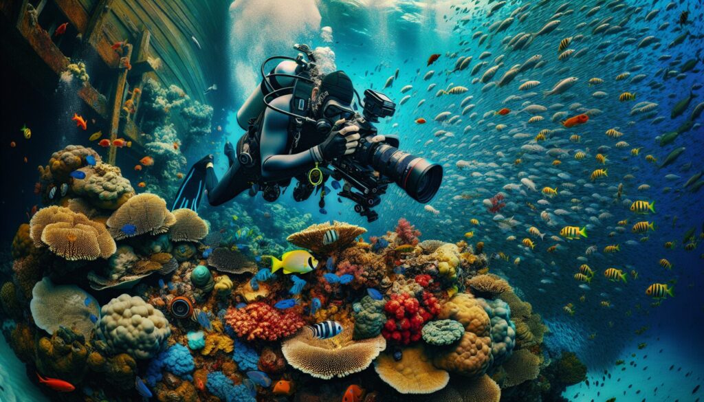 A South Asian diver expertly navigates the underwater realm of Pakistan, using professional photography equipment to masterfully capture the vibrant marine life and colorful coral reefs, embodying the art of underwater photography.