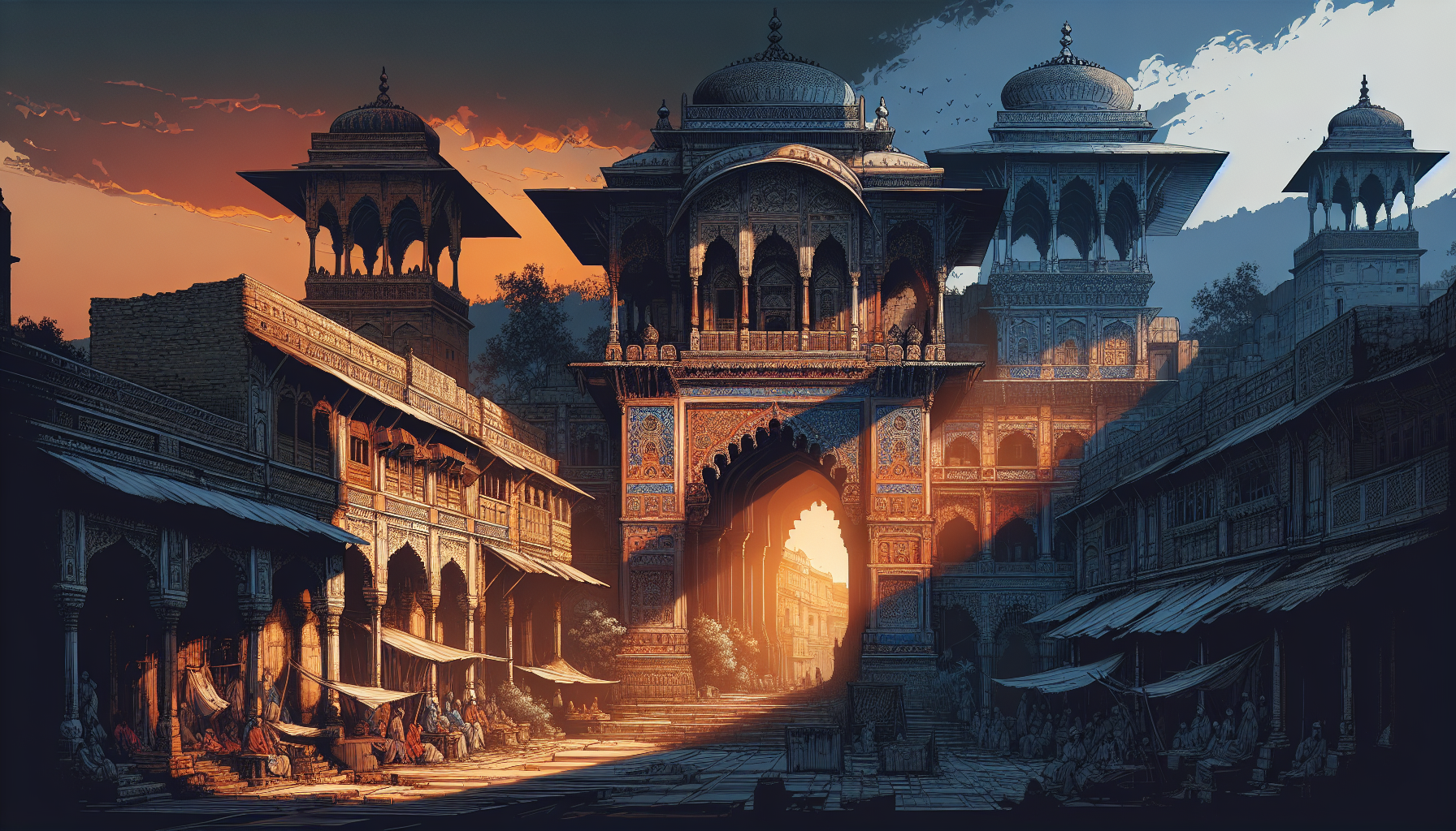 Showcasing structures in Pakistan, the image captures a South Asian architectural masterpiece with intricate patterns and elaborate decorations, dramatically juxtaposed against a bustling bazaar during sunset, masterfully highlighting the depth through contrasting lighting techniques.