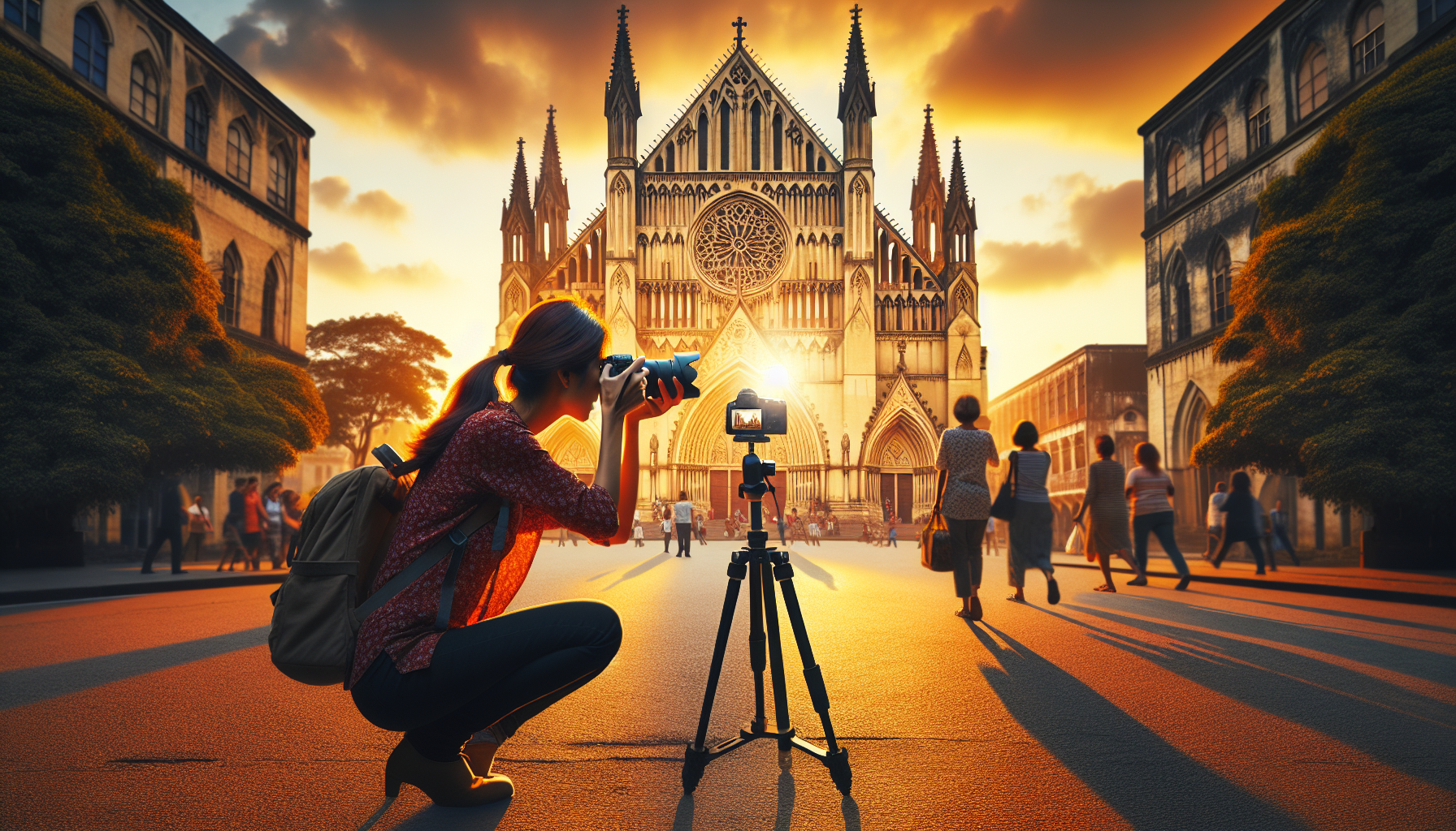 A skilled architectural photographer of South Asian descent captures the majestic gothic cathedral in Pakistan during the golden hour, mastering photography techniques to highlight cultural landmarks and local life.