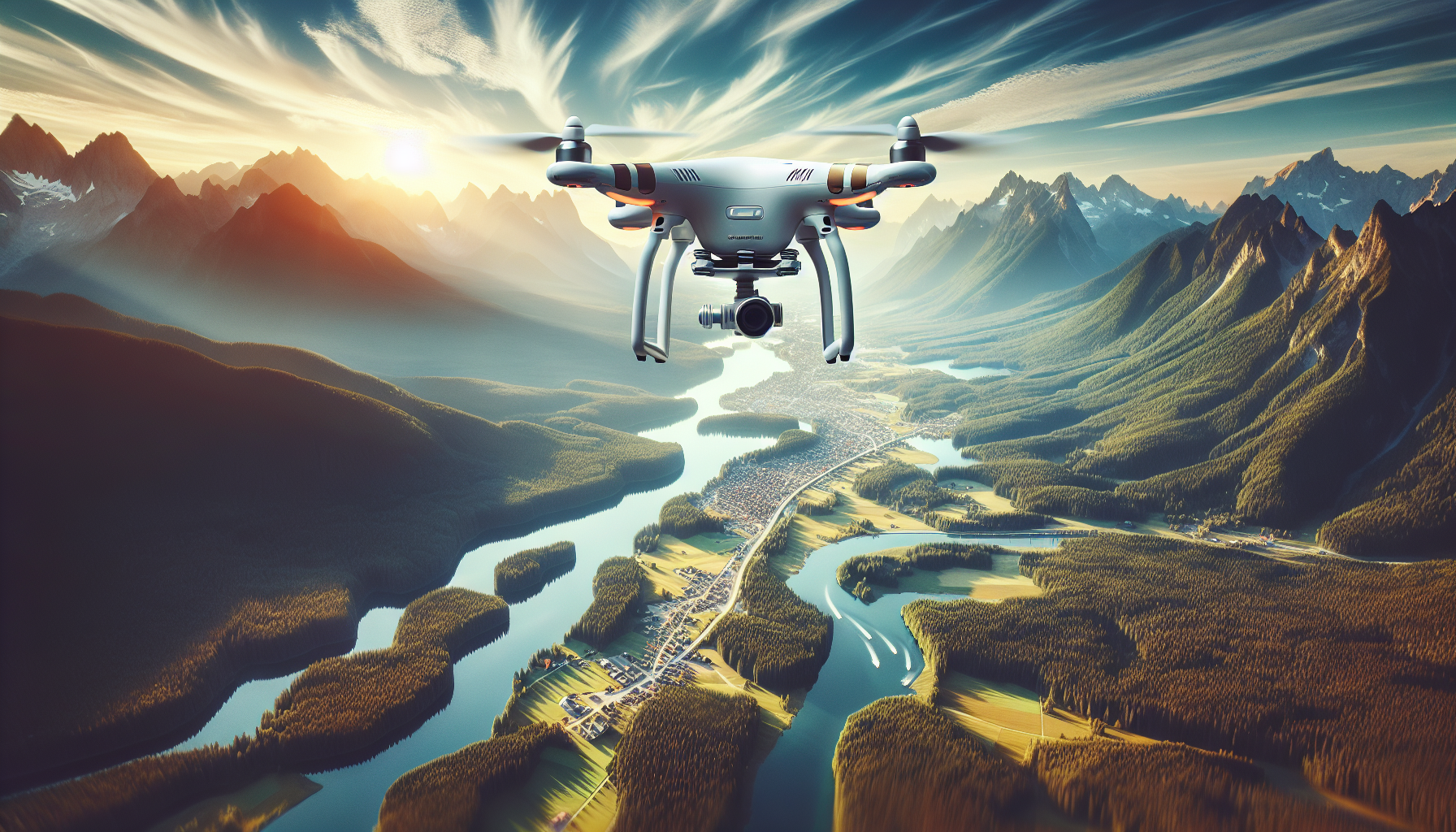 A drone hovers in mid-air, capturing stunning aerial shots of a vast forest landscape, perfectly embodying the art of mastering drone photography techniques.