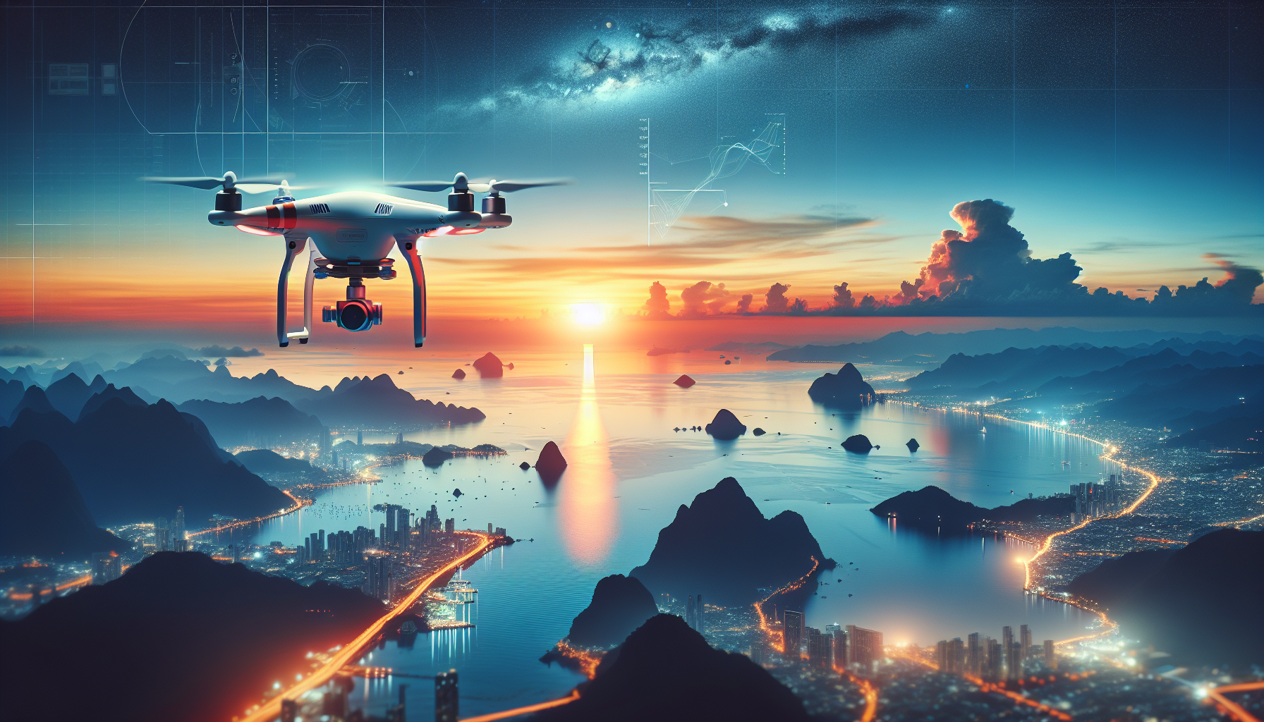 Mastering drone photography techniques is beautifully illustrated as a drone captures stunning aerial shots, including a vivid sunrise over serene mountains, a gleaming ocean under the midday sun, and an urban landscape illuminated by twilight.