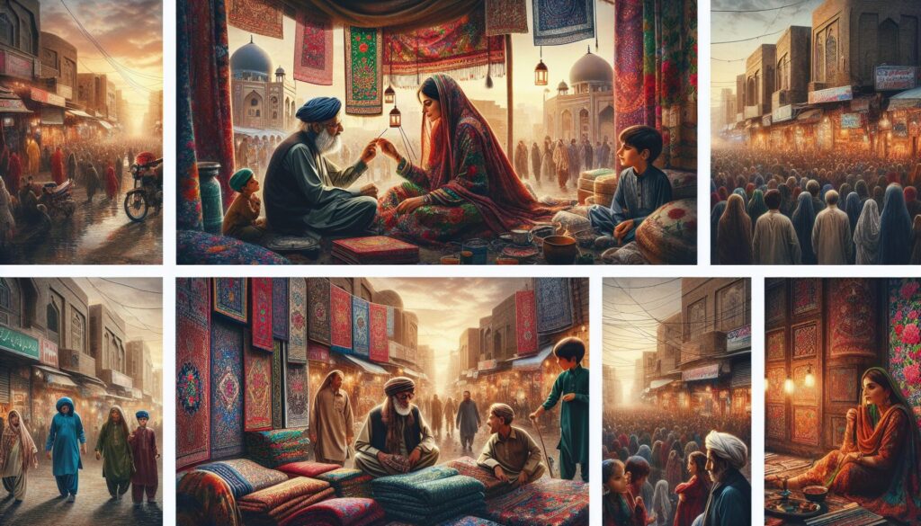 Mastering the art of street photography in Pakistan, this image captures unseen narratives and techniques through vibrant cultural scenes: a South Asian woman mesmerized by a puppet show, a young boy selling embroidered fabric in a bustling bazaar, and an elderly man sharing stories against a sunset-draped cityscape.