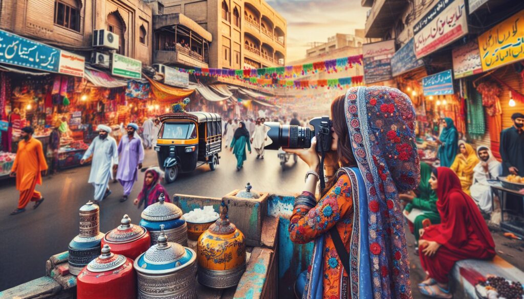 Mastering the art of street photography in Pakistan, a South Asian female photographer in traditional attire captures vibrant scenes of street vendors, pedestrians, and iconic architecture, highlighting the unseen narratives and techniques that reveal the rich tapestry of everyday life and culture.