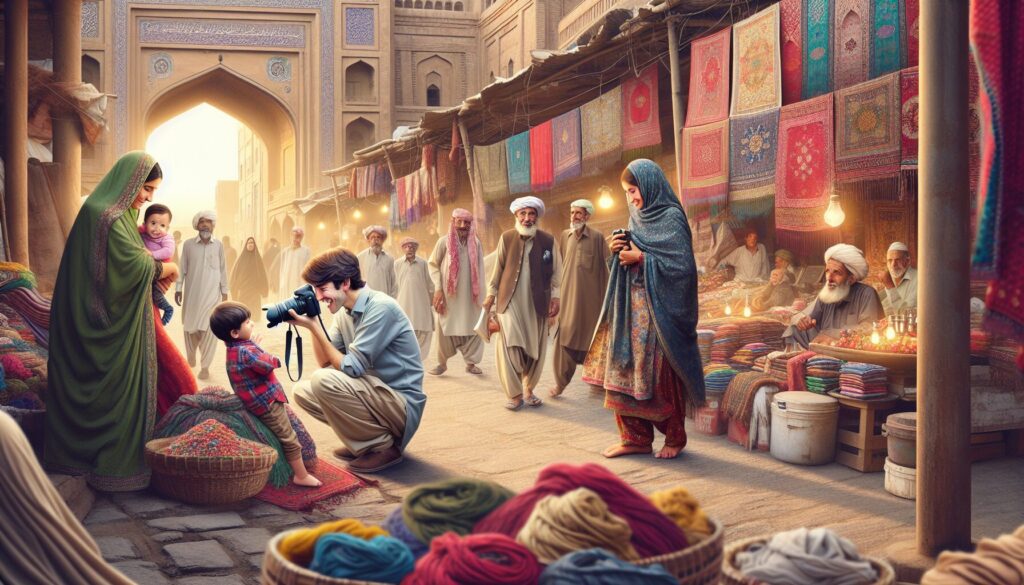 In a vibrant scene of street photography in Pakistan, an Asian male photographer captures a heartwarming moment between a Middle-Eastern mother and her child amidst a bustling market filled with colorful traditional textiles and historical architectural elements, embodying the art of unseen narratives and techniques.