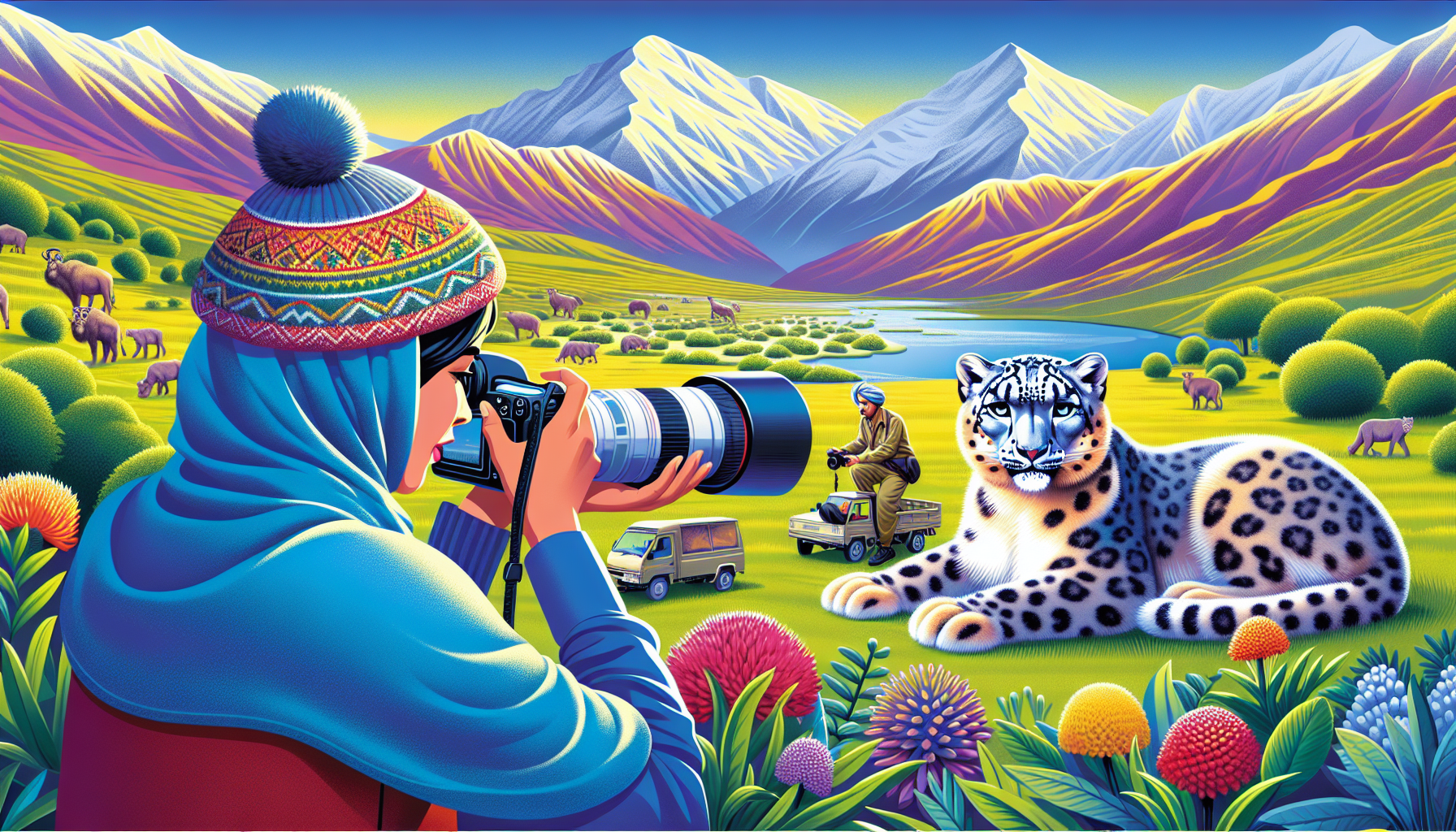 An Arab woman, embodying ethical wildlife photography practices in Pakistan, captures a Snow Leopard from a safe distance against a backdrop of pristine mountain ranges, highlighting conservation efforts within the vibrant flora and fauna.