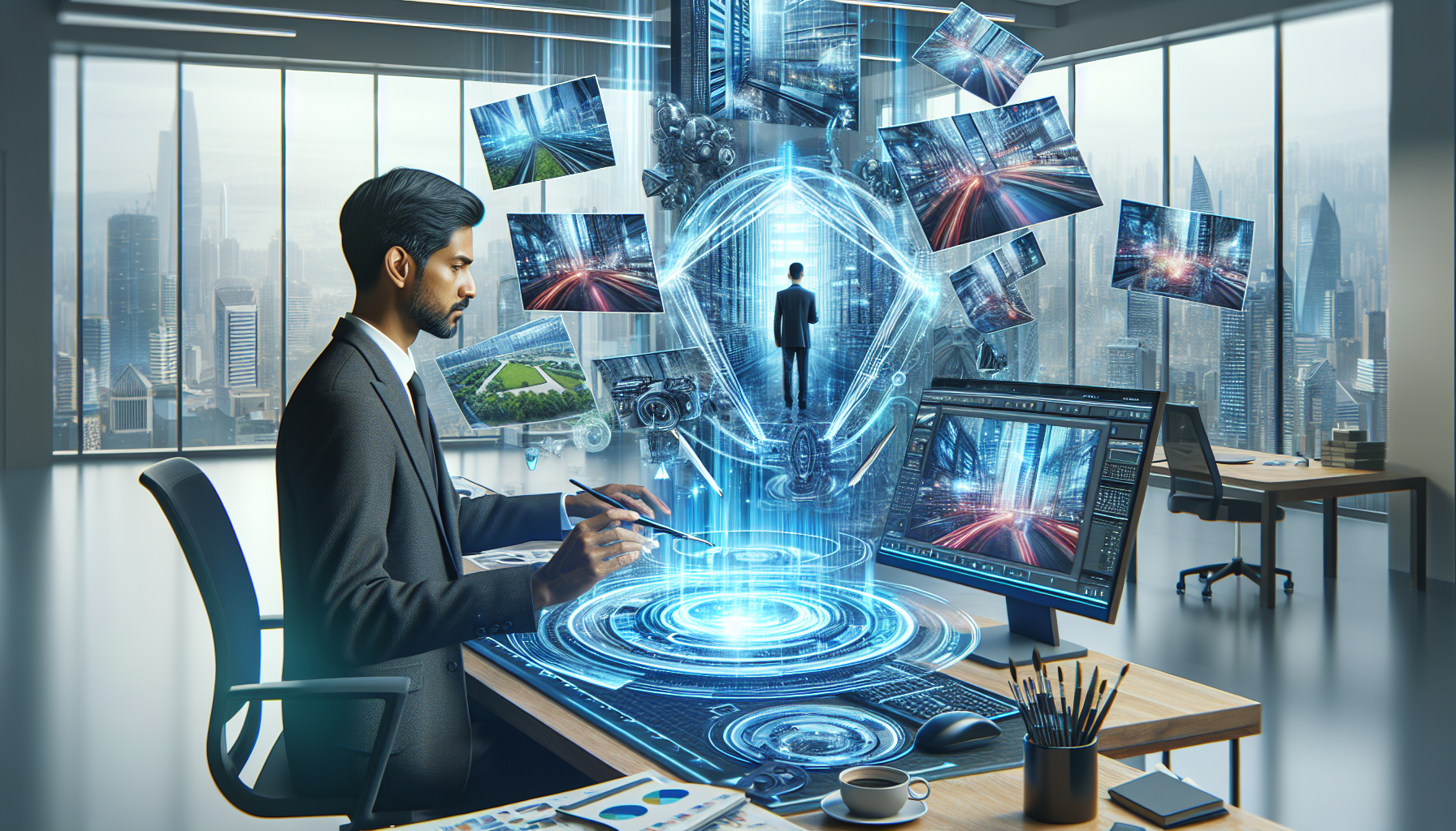 A South Asian male masterfully post-processes architectural photos in 2025 using advanced holographic software, surrounded by floating images being enhanced in a minimalist workspace with a futuristic cityscape view.