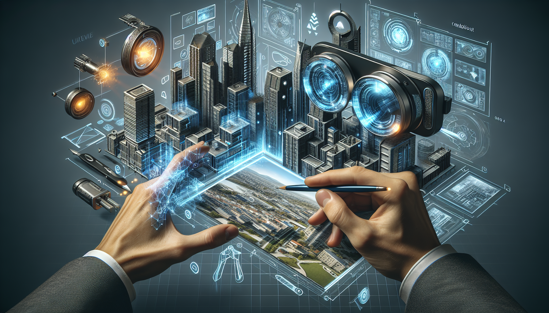 Post-processing architectural photos in 2025 comes to life with futuristic tools like augmented reality glasses and holographic screens, symbolizing efficiency, precision, and creativity in perfect edits.
