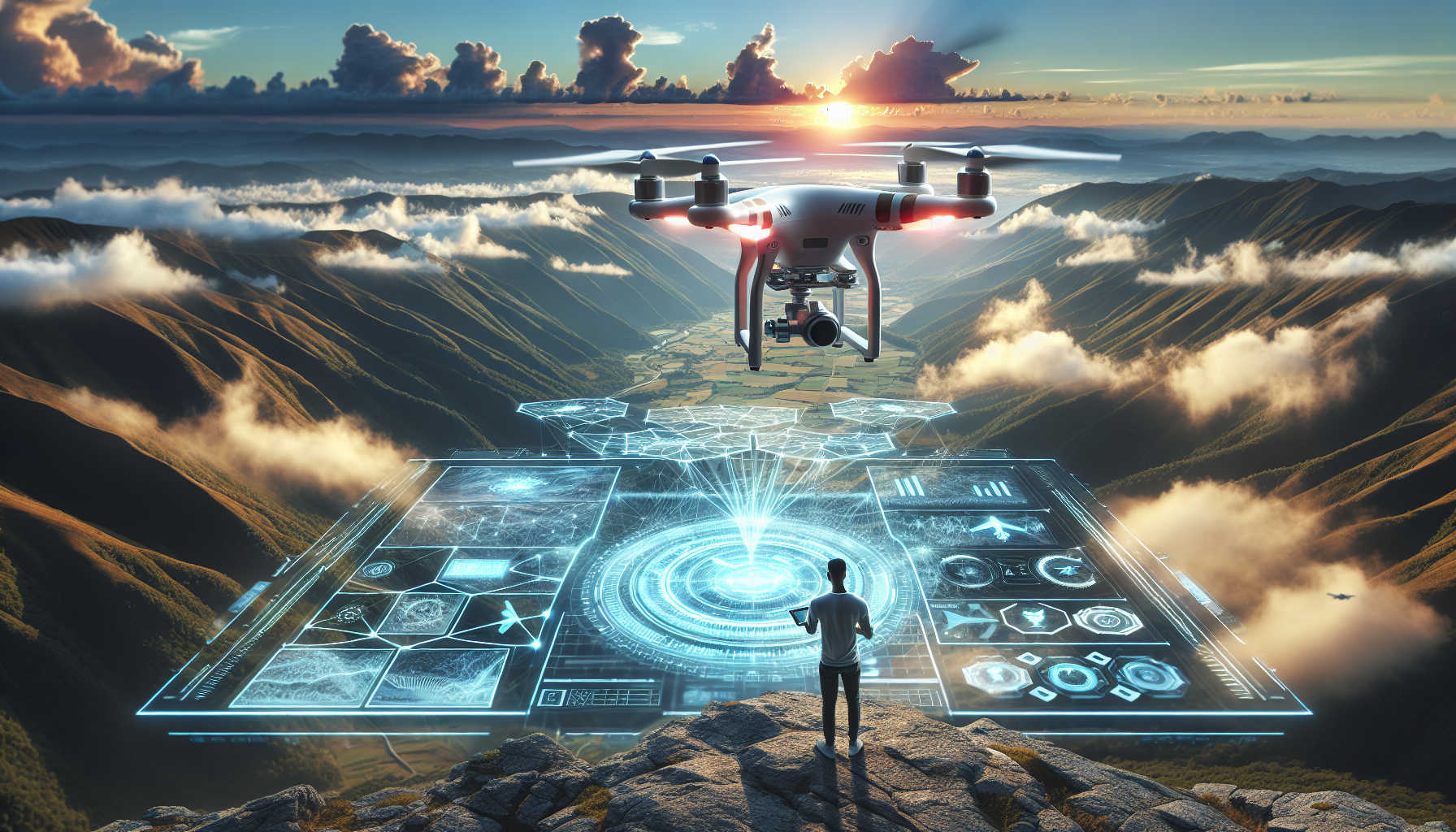 In 2025, a drone captures stunning aerial landscape imagery while below, a person uses a holographic interface to demonstrate advanced post-processing tools, enhancing the future of drone photography.