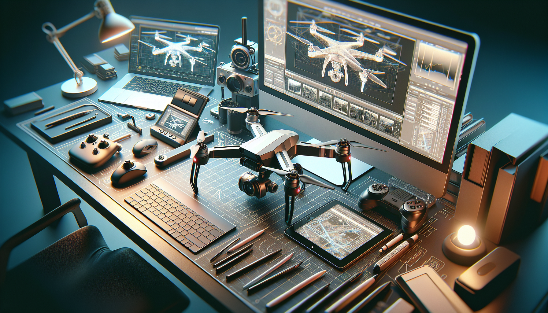 Futuristic photography tools for post-processing drone photos in 2025 are elegantly arranged on a well-lit work desk, featuring a high-end camera-equipped drone, advanced editing software on a sleek computer screen, and digital tablets with stylus pens, all contributing to a professional, high-tech ambiance.