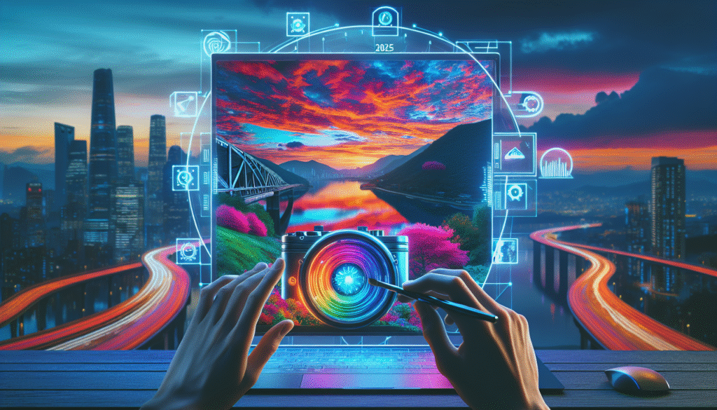 In a futuristic 2025 setting, a photographer uses cutting-edge AI tools to post-process travel photos, enhancing a vividly colored landscape at dusk with predictive editing and automated enhancements.