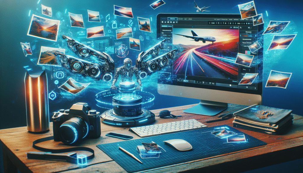 Futuristic desktop setup showcasing post-processing travel photos in 2025, featuring high-tech photography equipment, a sleek computer with AI software, and holograms of vibrant, edited shots suspended in mid-air.