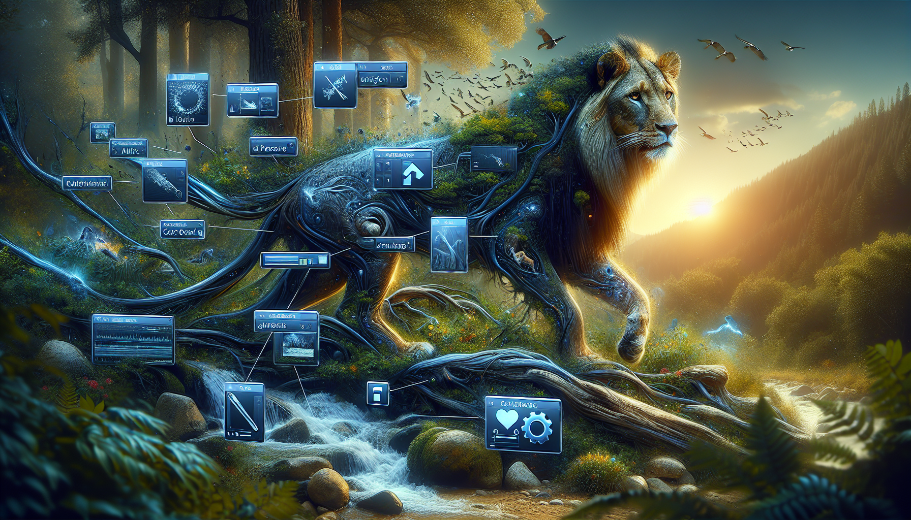 Showcasing the future of post-processing wildlife photos in 2025, this image beautifully blends cutting-edge software tools and artistic editing techniques like exposure adjustment, color grading, and sharpness enhancement on a wildlife photograph, set against a backdrop symbolizing nature and technology.