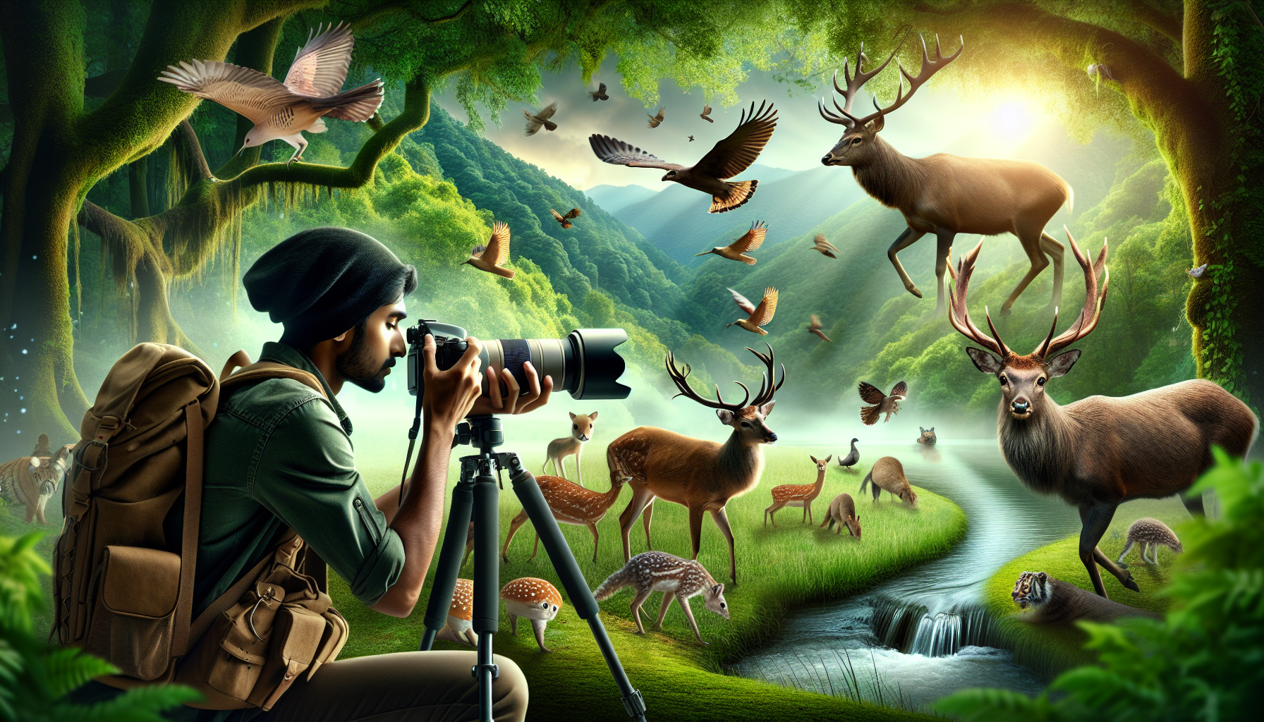 A South Asian male wildlife photographer, equipped with advanced gear and adjusting his camera settings, captures a serene forest scene filled with deer, birds, and squirrels, embodying the essence of post-processing wildlife photos in 2025.