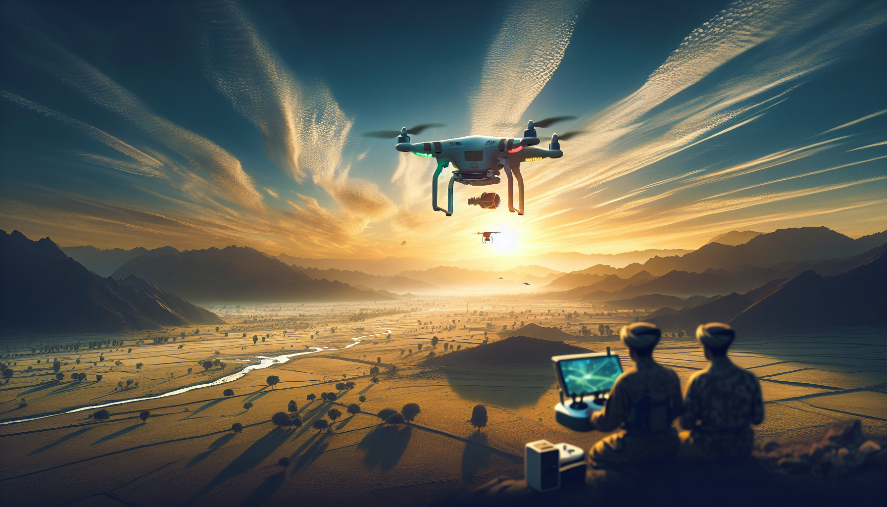 In the skies of Pakistan, a drone equipped with visible safety mechanisms and a color-coded LED system for signal strength captures serene landscapes, highlighting safety and legal considerations for drone photography, as a Middle-Eastern woman controls it and a South Asian man monitors the footage.