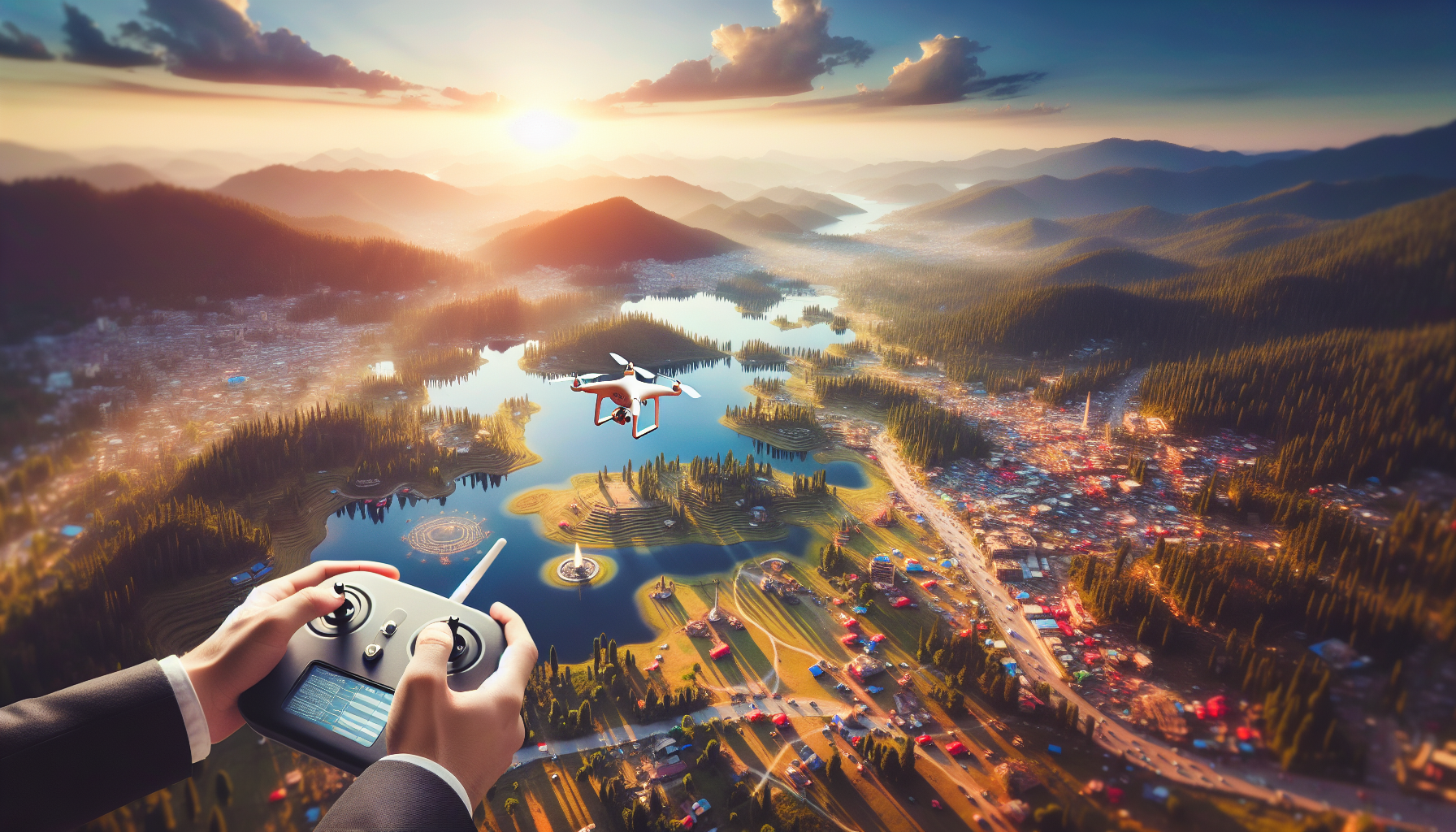 Miniature drones soar over Pakistan's diverse landscapes, with a sunset backdrop highlighting safety and legal considerations for drone photography, as hands control the flight and a checklist symbolizes compliance.