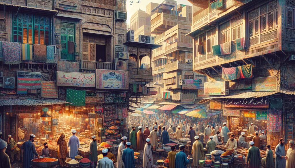 Capturing vibrant street life in Lahore, the image showcases local Pakistani architecture, bustling food stalls, and diverse residents engaging in daily activities, all illustrating the secrets and techniques of street photography.