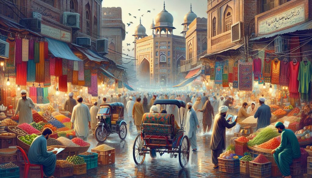 Vibrant street life in Lahore comes alive in this bustling market scene, with a local photographer capturing the essence of day-to-day activities amidst colorful textiles, authentic goods, and architectural gems in the background.