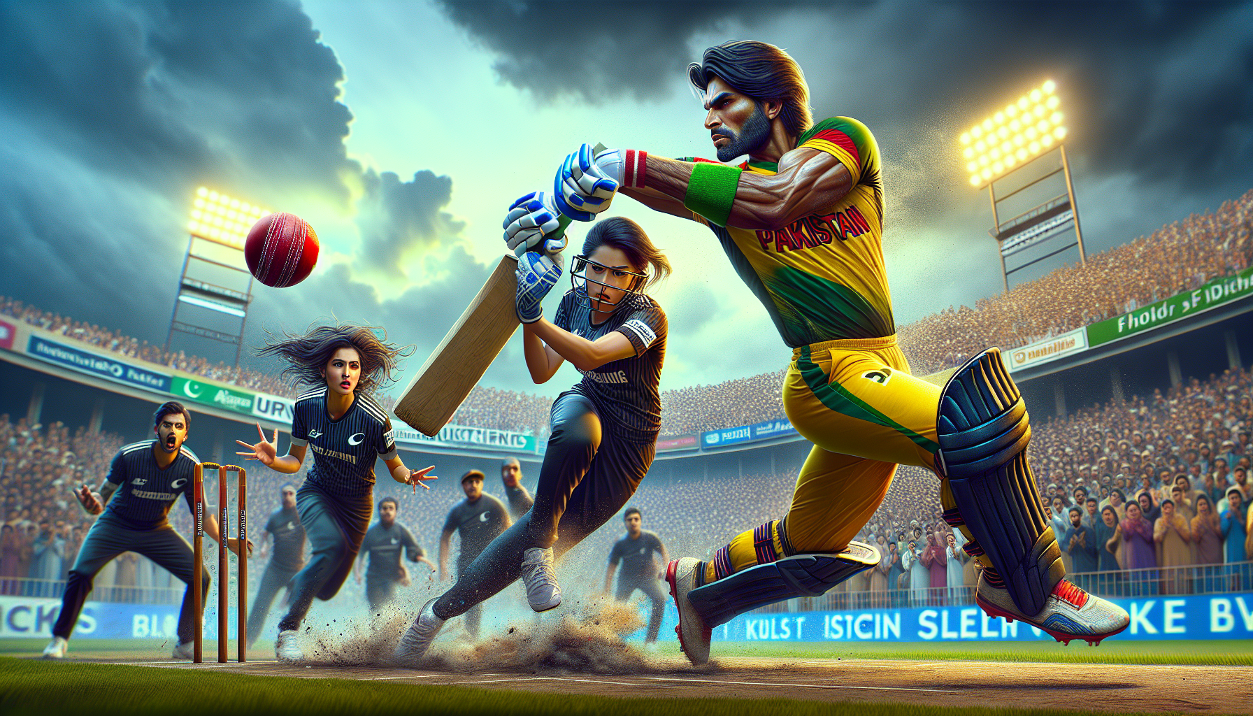 Sports event photography in Pakistan captures an action-packed moment showcasing a Hispanic male cricketer mid-swing and an East Asian female footballer charging with the ball, highlighting intensity, emotion, and precision amidst a backdrop of suspenseful spectators.