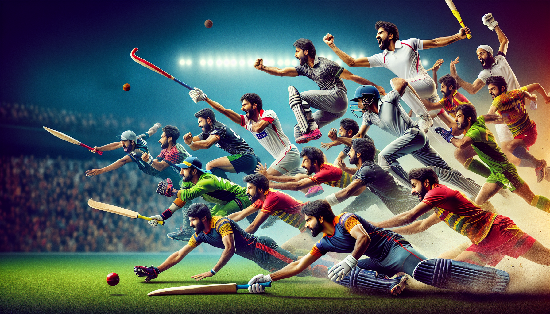 Thrilling sports event in Pakistan captures diverse athletes in cricket, hockey, and kabaddi, showcasing action, emotion, and precision with intense expressions and dynamic movements.