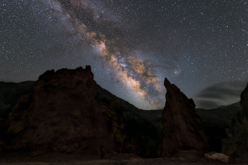 Starry night view of the Milky Way over rocky formations in Himachal Pradesh, India.